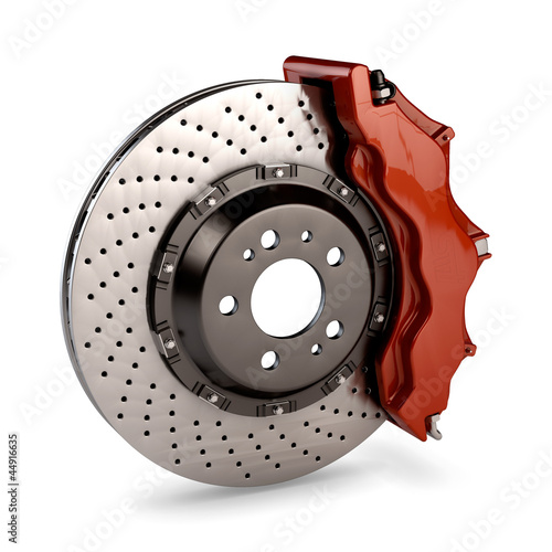 Brake Disc and Red Calliper from a Racing Car isolated on white