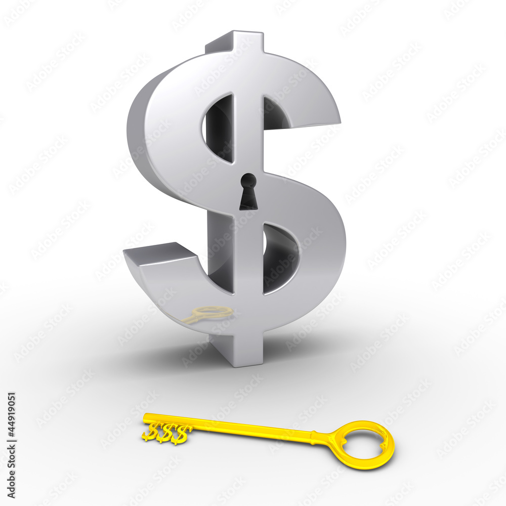 Dollar symbol with keyhole and dollar-key on the ground