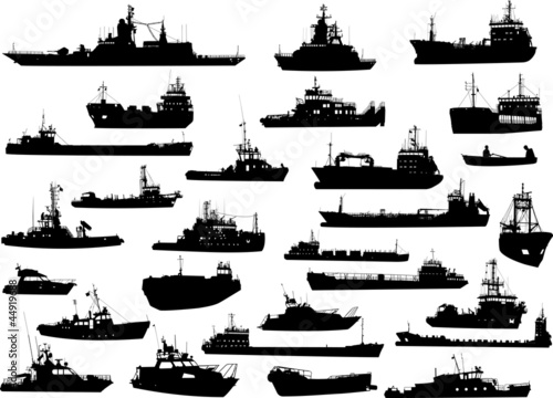Set of 28 silhouettes of the sea cargo and military ships