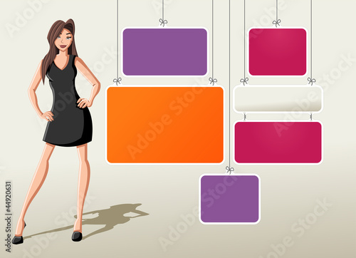Colorful template for advertising brochure with cartoon woman.
