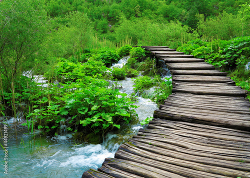 Wooden path and waterfall in Plitvice National Park #44921499