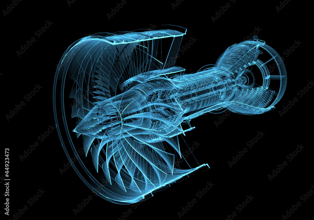 Jet engine turbine (3D xray blue transparent) - obrazy, fototapety, plakaty 