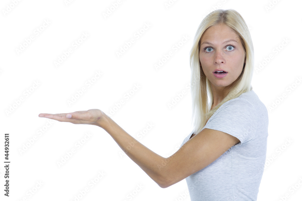 Blonde Frau präsentiert verwundert Blonde Frau präsentiert verwundert
