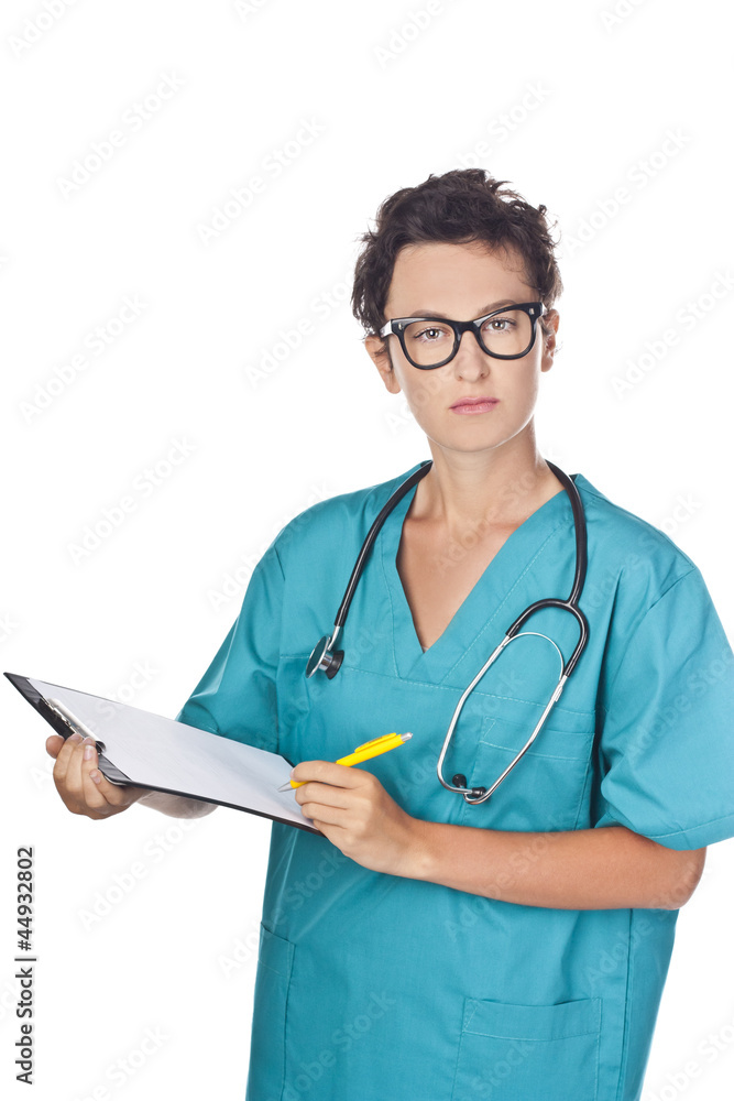 Young doctor writes a diagnosis. Studio white background Young doctor writes a diagnosis. Studio white background