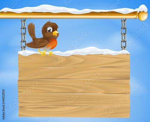 Christmas robin on wooden sign