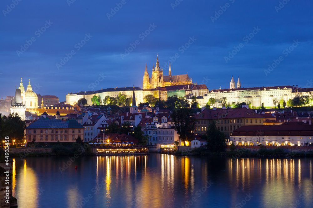 Night view of Prague - river Vltava, St. Vitus's cathedral