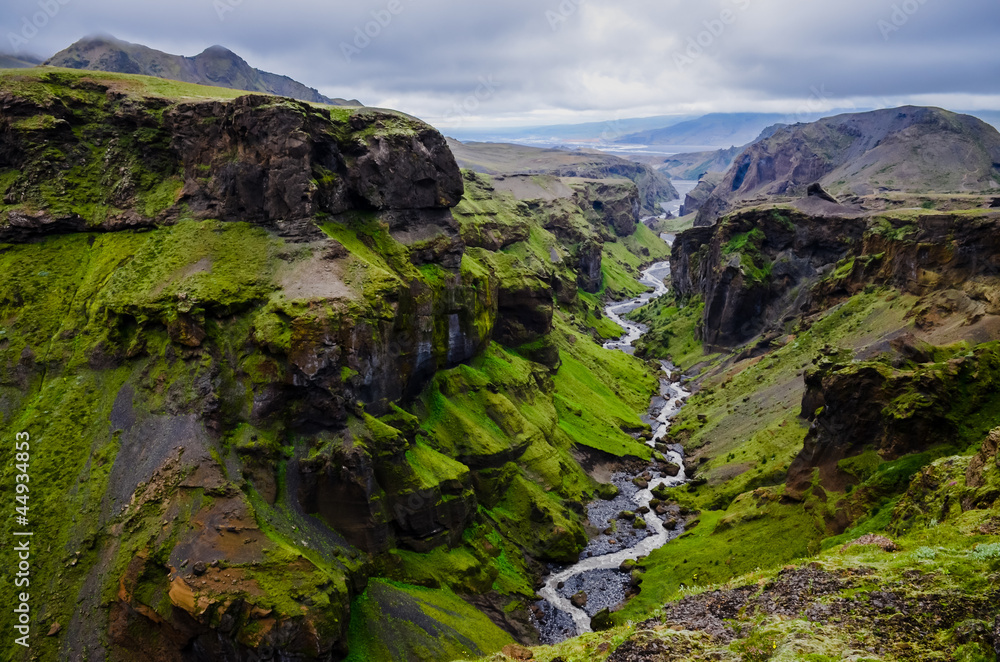 Thorsmork mountains canyon and river, near Skogar, Iceland