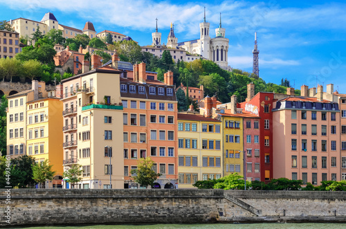 Lyon cityscape from Saone river with colorful houses, France