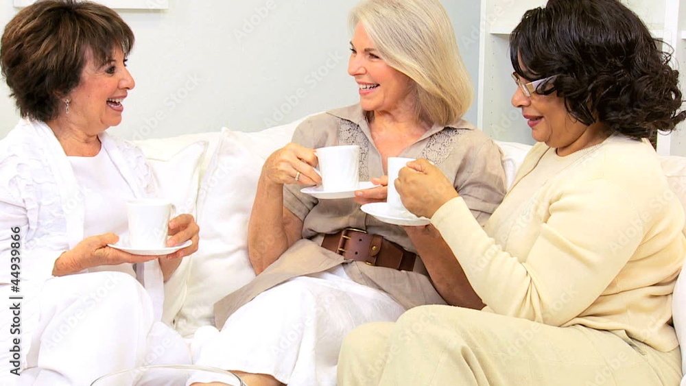 Older Ladies Drinking Coffee Relaxing Friends Sofa Older Ladies Drinking Coffee Relaxing Friends Sofa