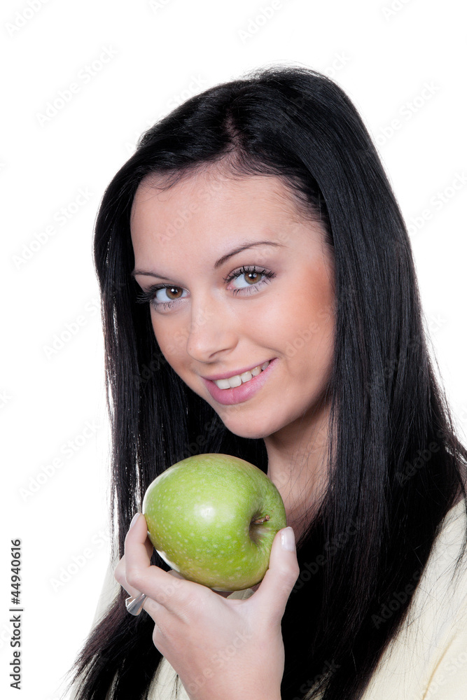 Frau mit Apfel, Obst und Vitaminen bei Diät Frau mit Apfel, Obst und Vitaminen bei Diät