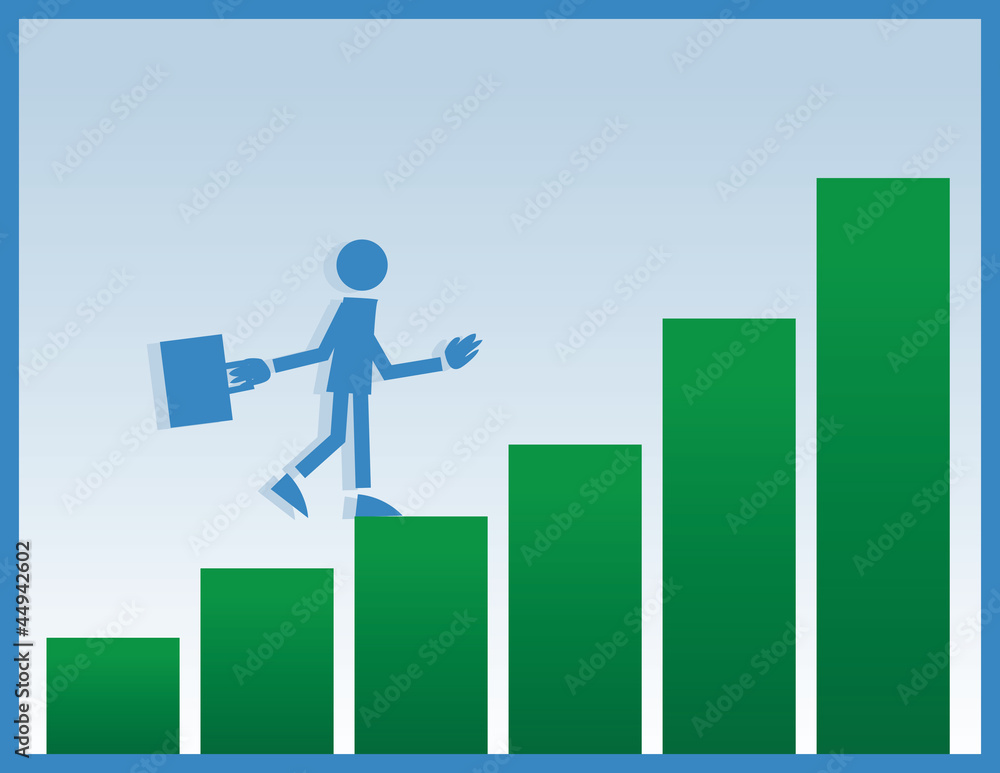 Businessman figure walking up graph bars Businessman figure walking up graph bars