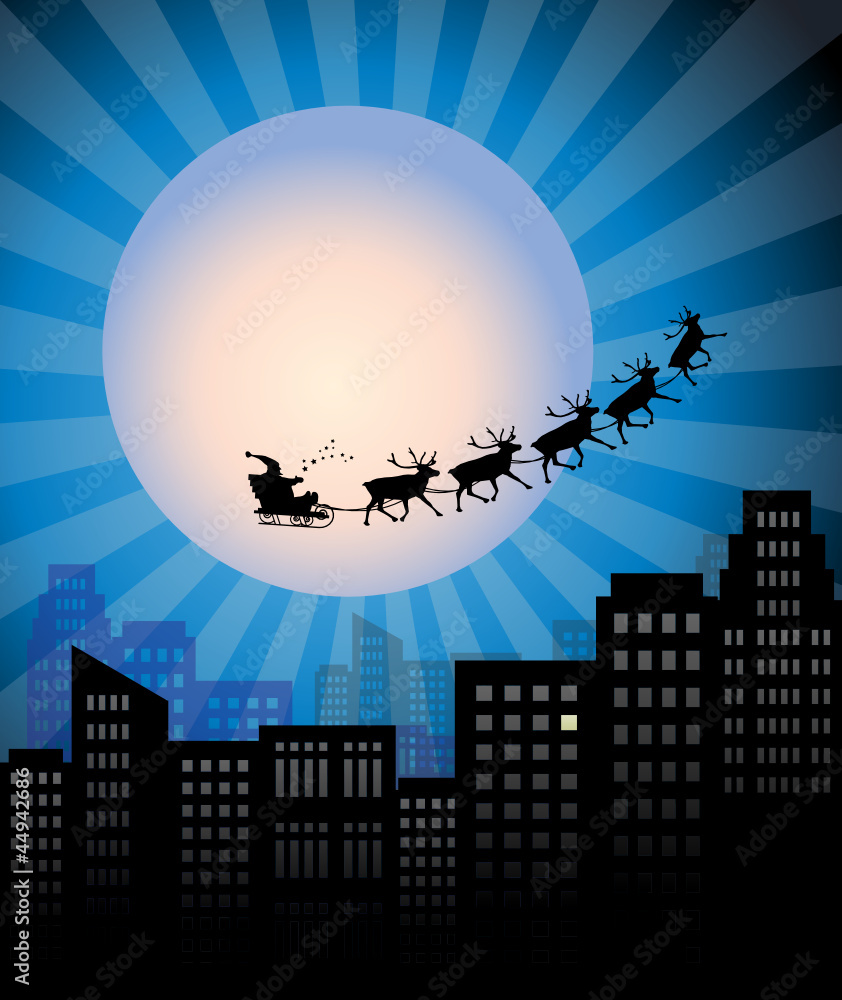 Santa's Sleigh over city, vector illustration