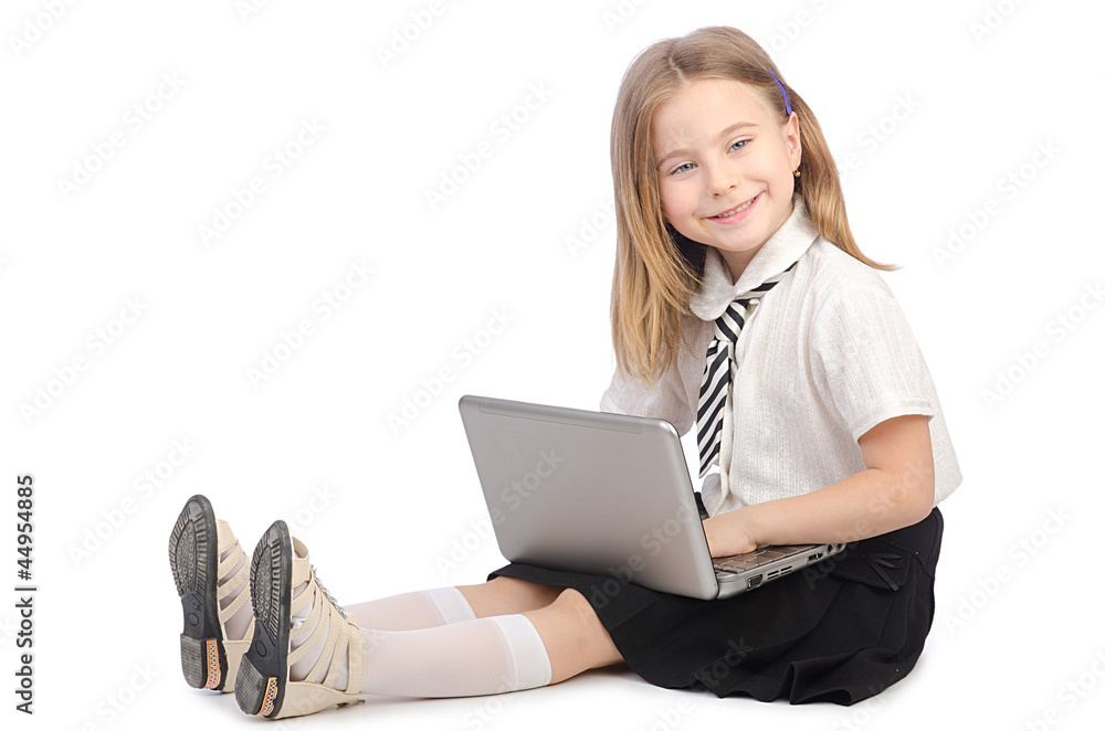 Fototapeta premium Cute girl with laptop on white