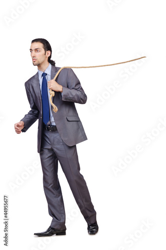 Businessman pulling rope on white