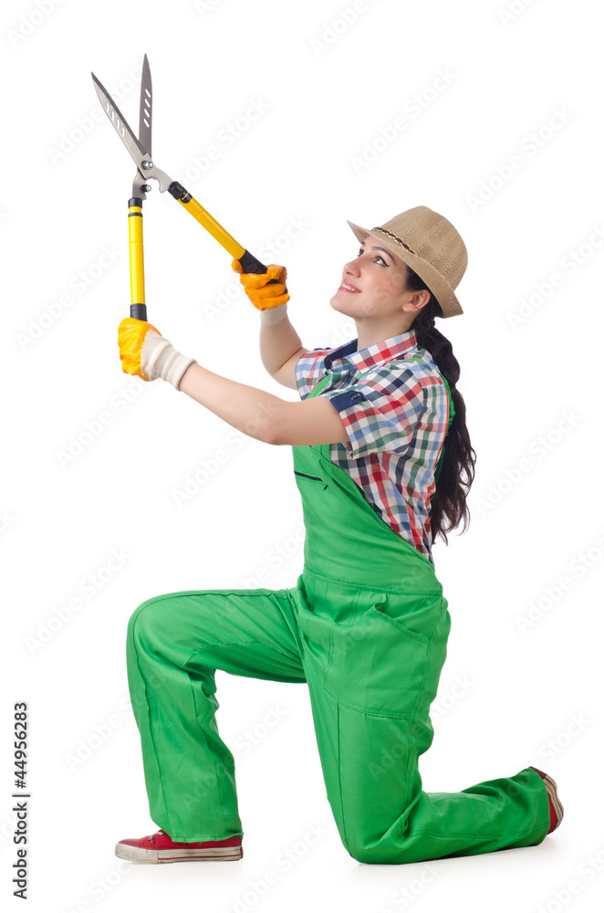 Girl with garden scissors on white Girl with garden scissors on white