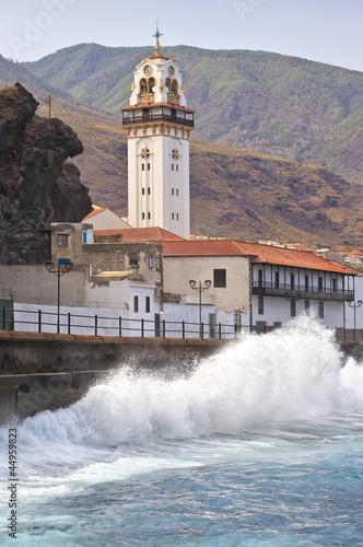 Candelaria church with ocean waves, Tenerife