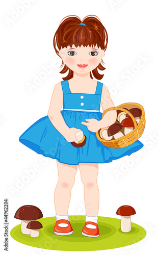 Little girls with basket full of mushrooms