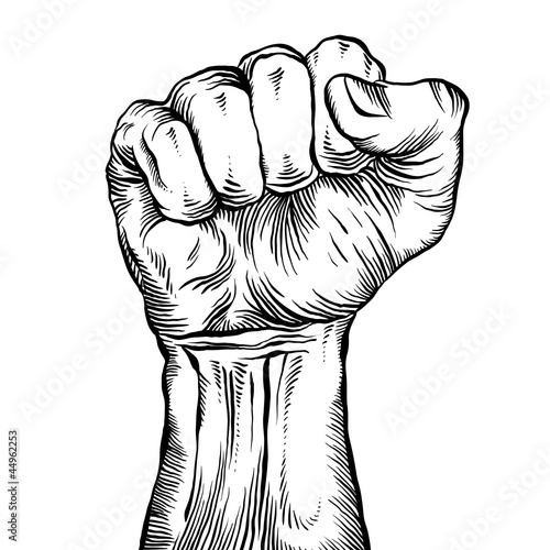 A clenched fist held high in protest.