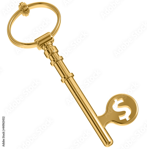 Key to money, golden key with dollar symbol.