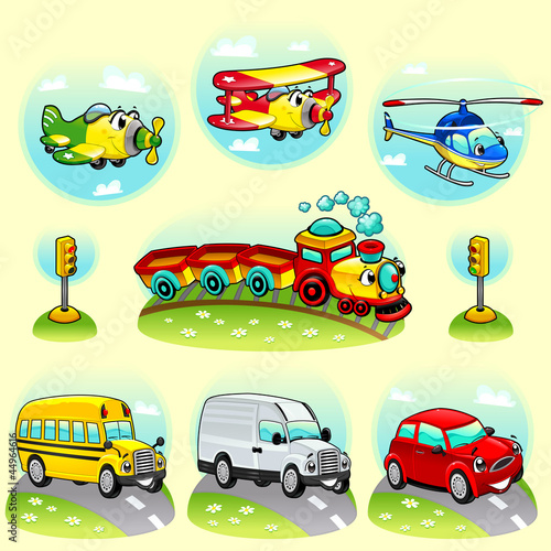 Funny vehicles with background. Vector illustration