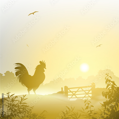 A Misty Morning Landscape with Cockerel, Rooster