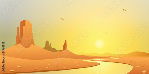 A Desert Landscape with River and Mountains