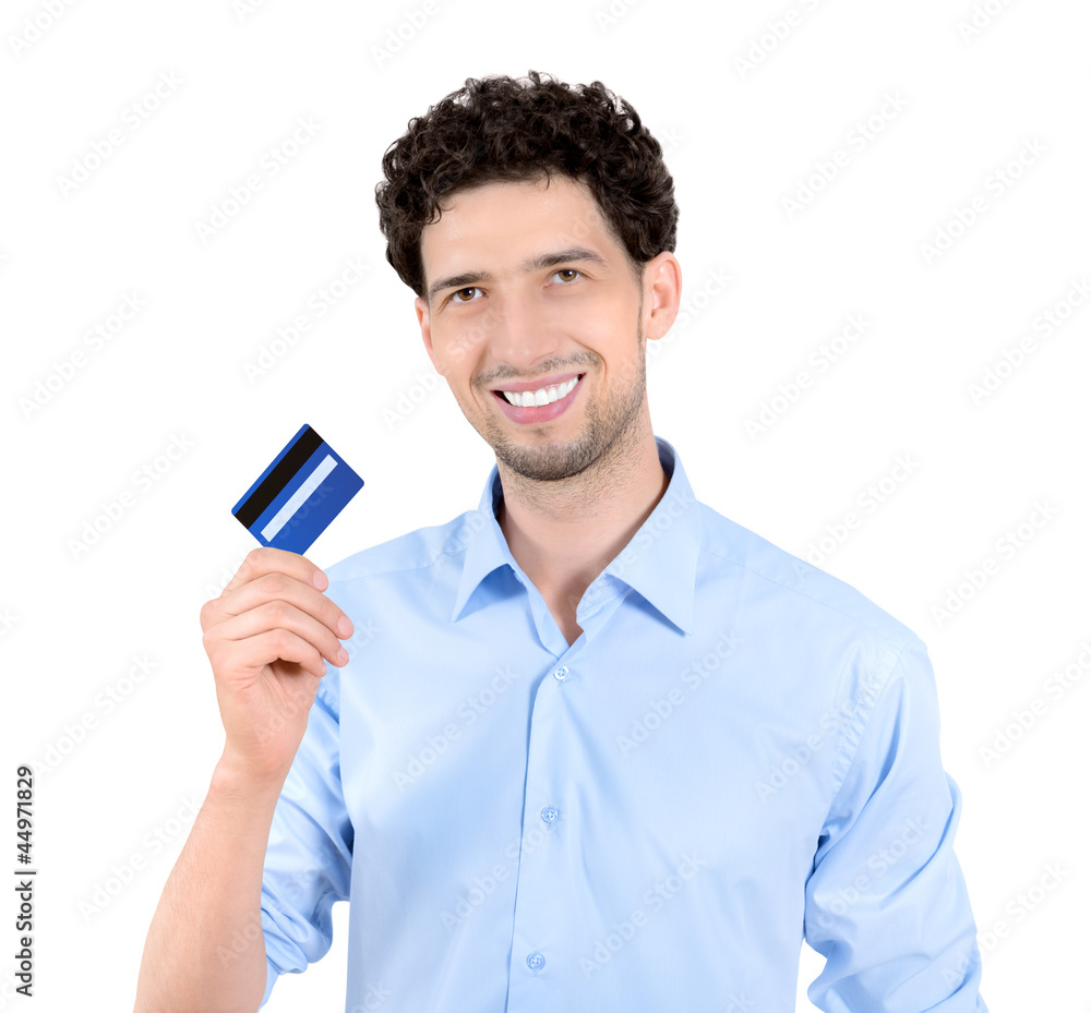 Handsome man showing credit card isolated Handsome man showing credit card isolated