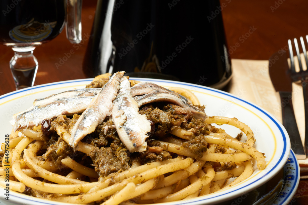 piatto di pasta con sarde e finocchietto tipica palermitana Stock Photo