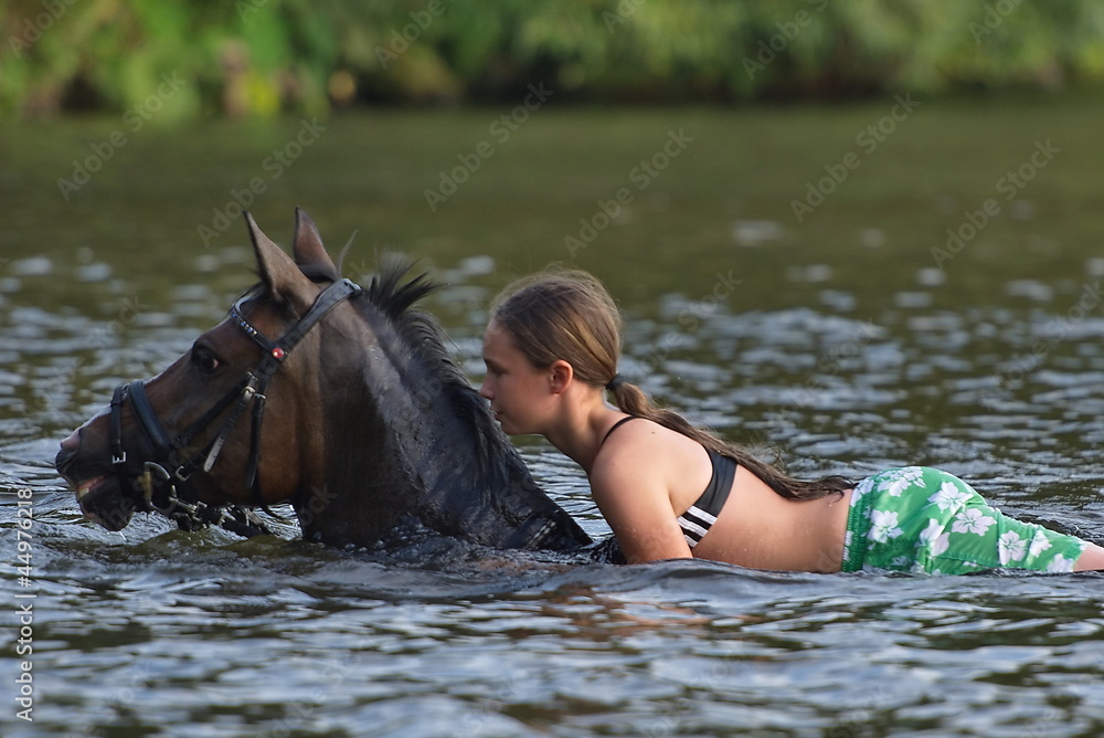 Fototapeta premium Pferdeschwemme Moorfleet, Reiten und schwimmen in der Dove-Elbe,