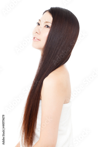 Beautiful hair woman on white background. Portrait of asian.