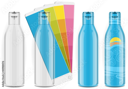 Four plastic bottles with color palette and labels