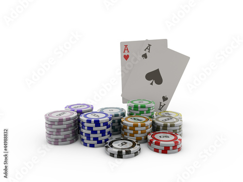 aces and colored chips isolated on white  background