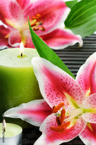 Spa still life with candle and pink lilies