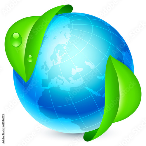 Blue globe under fresh green leaves.
