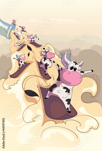 Funny cows snowboarding on milk