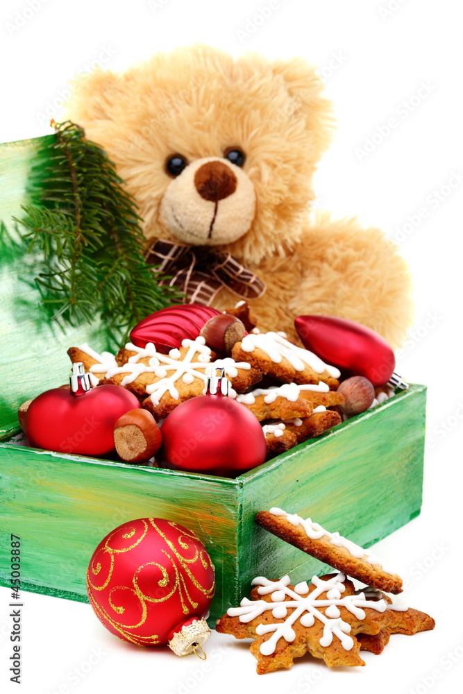 Christmas box with toys and cookies. Christmas box with toys and cookies.