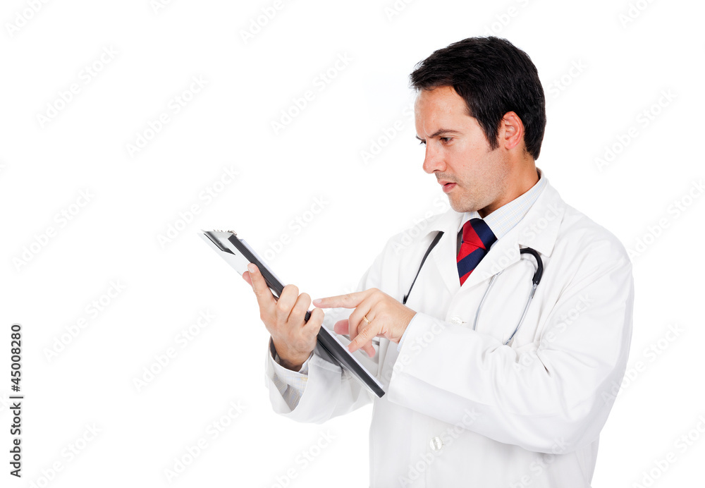 Young doctor consulting his clipboard with copyspace, isolated o Young doctor consulting his clipboard with copyspace, isolated o
