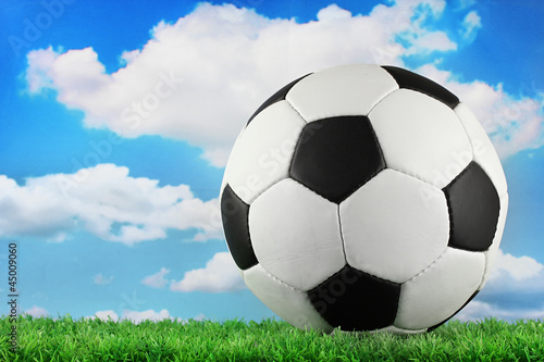 football ball on green grass, on blue sky background © Africa Studio