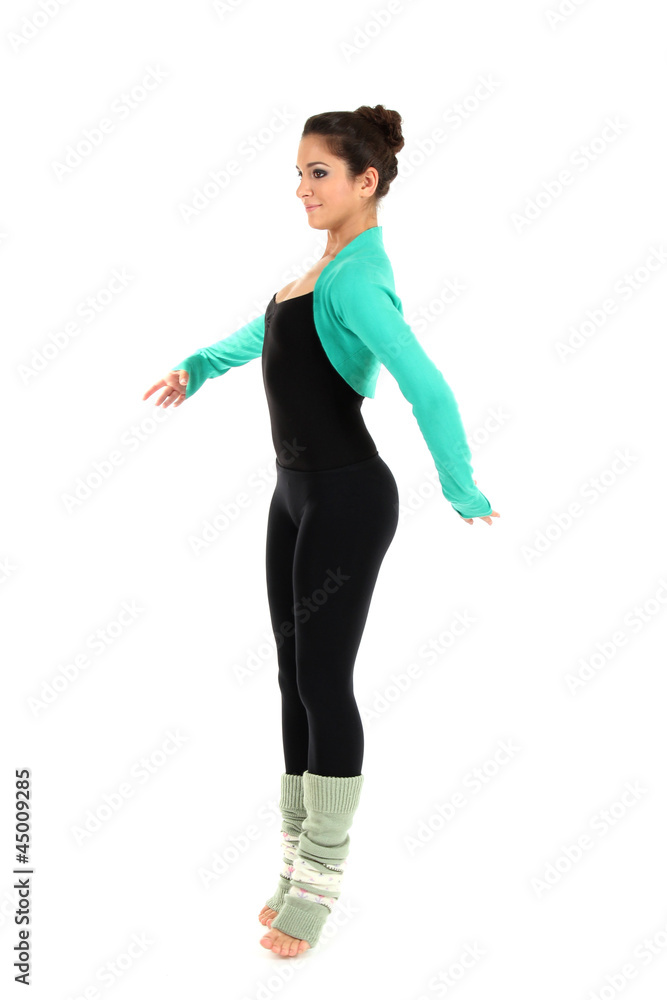 young beautiful brunette warming-up isolated on white young beautiful brunette warming-up isolated on white