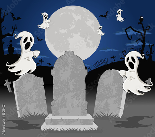 Halloween cemetery with tombs and cartoon ghost character