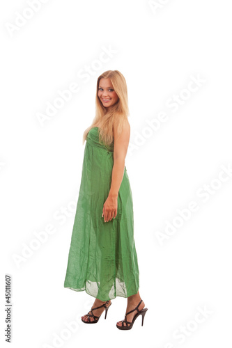 happy blond woman smiling over white