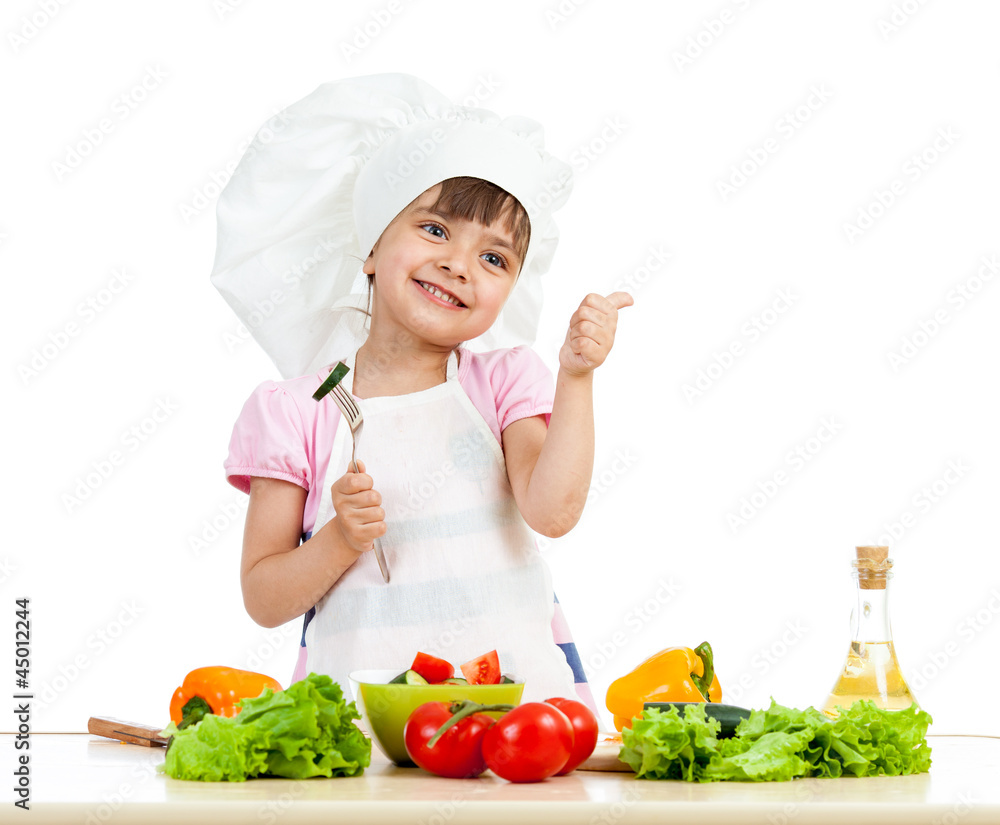 Chef girl preparing healthy food over white background