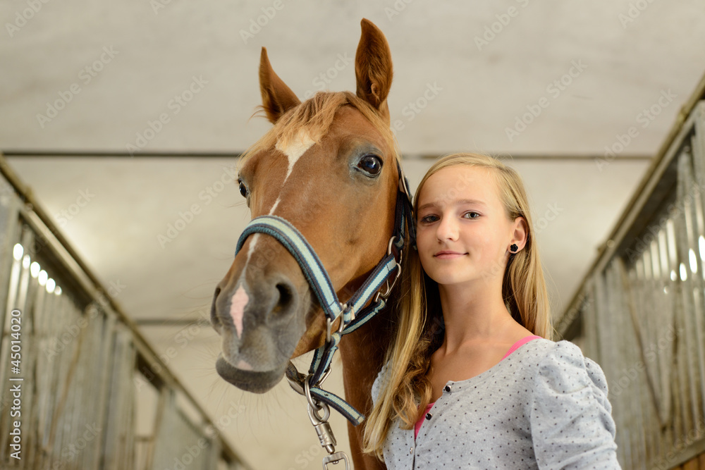 Pferd und Mädchen im Pferdestall Stock Photo | Adobe Stock