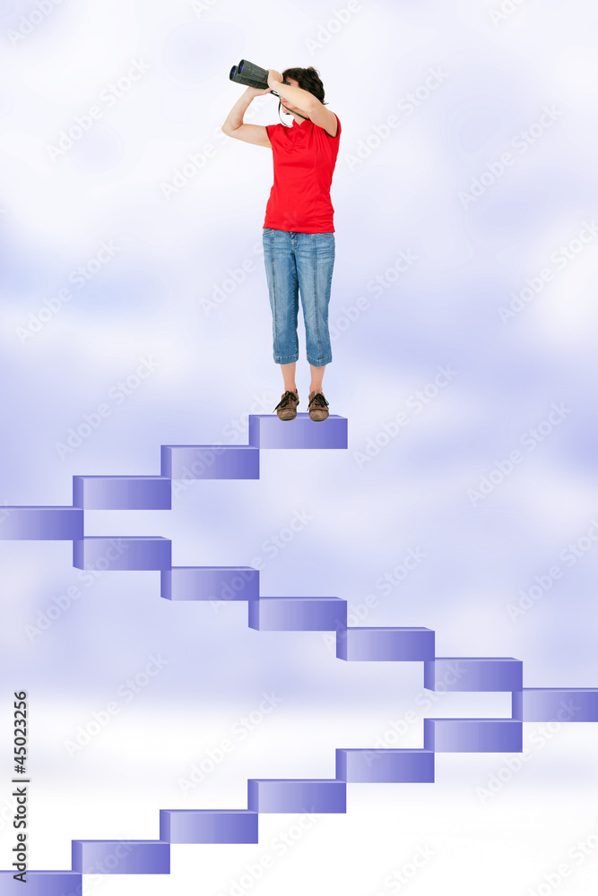 Woman standing on stairs and looking through the binoculars Woman standing on stairs and looking through the binoculars