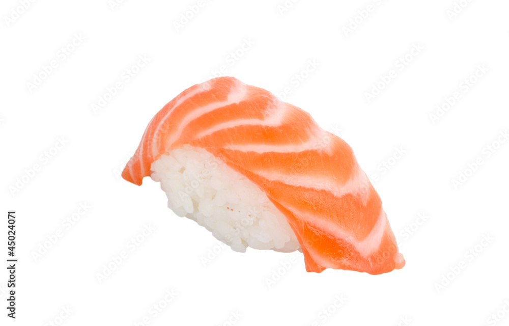 studio shoot of japanese sushi vaki with salmon on white backgro