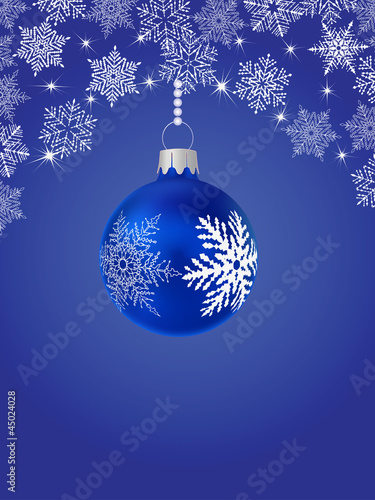 Blue ball and snowflakes on a blue background