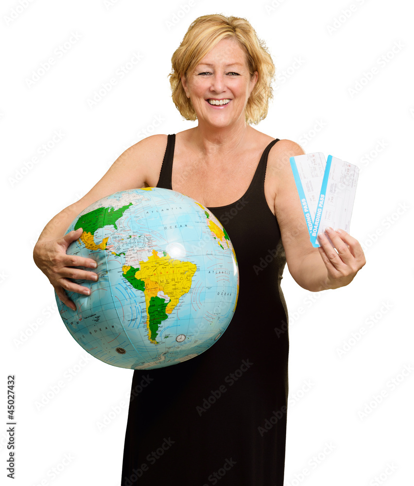Fototapeta premium Woman Standing With World Globe And Boarding Passes