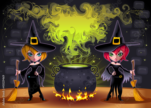 Funny witches with pot. Vector illustration.