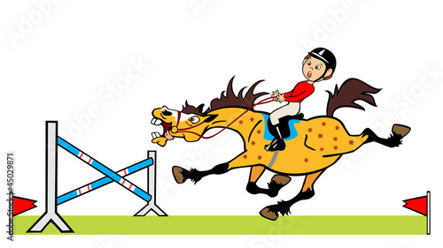 little boy with cheerful pony jumping a hurdle