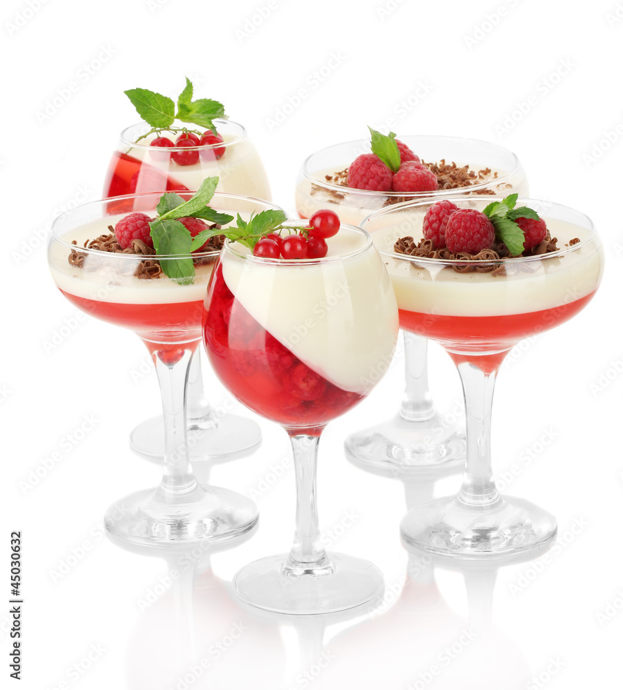 fruit jelly with chocolate and pberries in glasses isolated fruit jelly with chocolate and pberries in glasses isolated